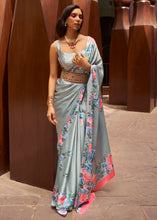 Load image into Gallery viewer, Metal Grey Floral Printed Satin Crepe Saree