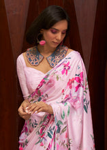 Load image into Gallery viewer, Blush Pink Floral Printed Satin Crepe Saree