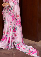 Load image into Gallery viewer, Blush Pink Floral Printed Satin Crepe Saree