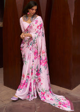 Load image into Gallery viewer, Blush Pink Floral Printed Satin Crepe Saree