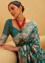 Load image into Gallery viewer, Pine Green Lucknowi Chikankari Weaving Silk Saree