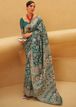 Load image into Gallery viewer, Pine Green Lucknowi Chikankari Weaving Silk Saree
