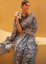 Load image into Gallery viewer, Iron Grey Lucknowi Chikankari Weaving Silk Saree