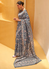 Load image into Gallery viewer, Iron Grey Lucknowi Chikankari Weaving Silk Saree