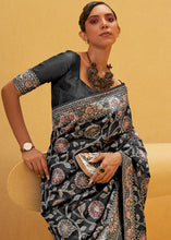 Load image into Gallery viewer, Soot Black Lucknowi Chikankari Weaving Silk Saree