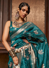Load image into Gallery viewer, Pacific Ocean Blue Handloom Weaving Silk Saree