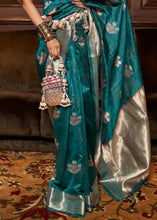 Load image into Gallery viewer, Pacific Ocean Blue Handloom Weaving Silk Saree