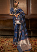 Load image into Gallery viewer, Navy Blue Handloom Weaving Silk Saree