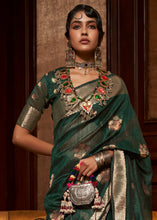 Load image into Gallery viewer, Deep Forest Green Handloom Weaving Silk Saree
