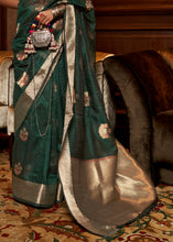 Load image into Gallery viewer, Deep Forest Green Handloom Weaving Silk Saree