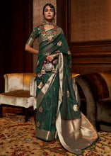 Load image into Gallery viewer, Deep Forest Green Handloom Weaving Silk Saree