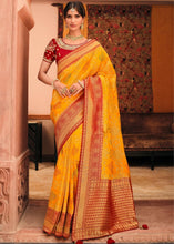Load image into Gallery viewer, Saffron Yellow Woven Banarasi Silk Saree with Embroidered Blouse