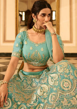 Load image into Gallery viewer, Turquoise Blue Organza Lehenga Choli with Zari, Dori, Resham, Gota &amp; Zarkan work