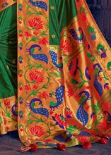 Load image into Gallery viewer, Dark Green Woven Paithani Silk Saree with Floral Motif Zari Border