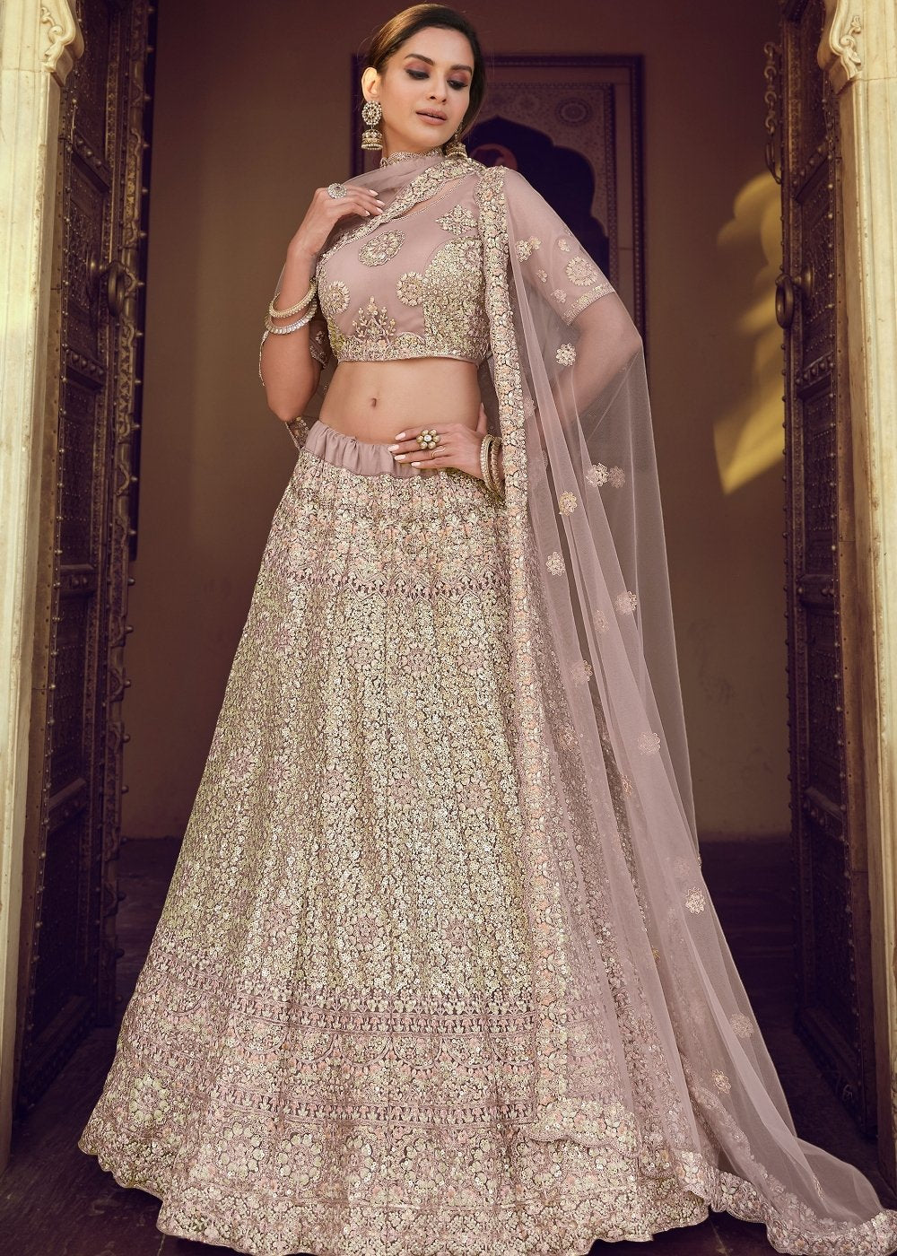 Lilac Purple Soft Net Lehenga Choli with Sequins, Thread, Zari & Dori work