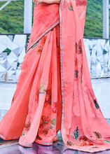 Laden Sie das Bild in den Galerie-Viewer, Punch Pink Floral Handprinted Organza Silk Saree