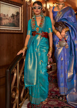 Load image into Gallery viewer, Teal Blue Woven Banarasi Silk Saree