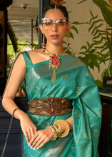 Load image into Gallery viewer, Pine Green Handloom Weave Organza Silk Saree