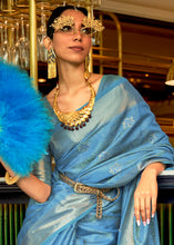 Load image into Gallery viewer, Azure Blue Handloom Weave Organza Silk Saree