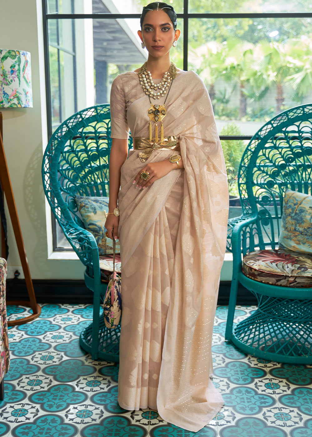 Shades Of Brown Chikankari Weaving Silk Saree with Sequins work
