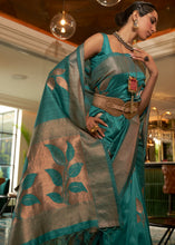Load image into Gallery viewer, Dark Cyan Green Zari Woven Handloom Weaving Silk Saree