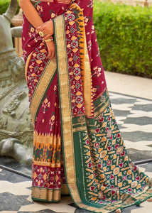 Red & Green Patola Silk Saree with Zari Border & Tassels On Pallu