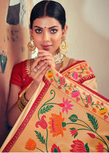 Cargar imagen en el visor de la galería, Cream White Woven Paithani Banarasi Silk Saree with Swarovski work &amp; Embroidered Blouse