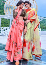 Load image into Gallery viewer, Punch Pink Floral Handprinted Organza Silk Saree