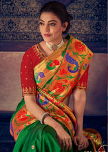 Load image into Gallery viewer, Dark Green Woven Paithani Silk Saree with Floral Motif Zari Border