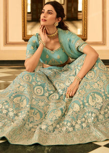 Turquoise Blue Organza Lehenga Choli with Zari, Dori, Resham, Gota & Zarkan work