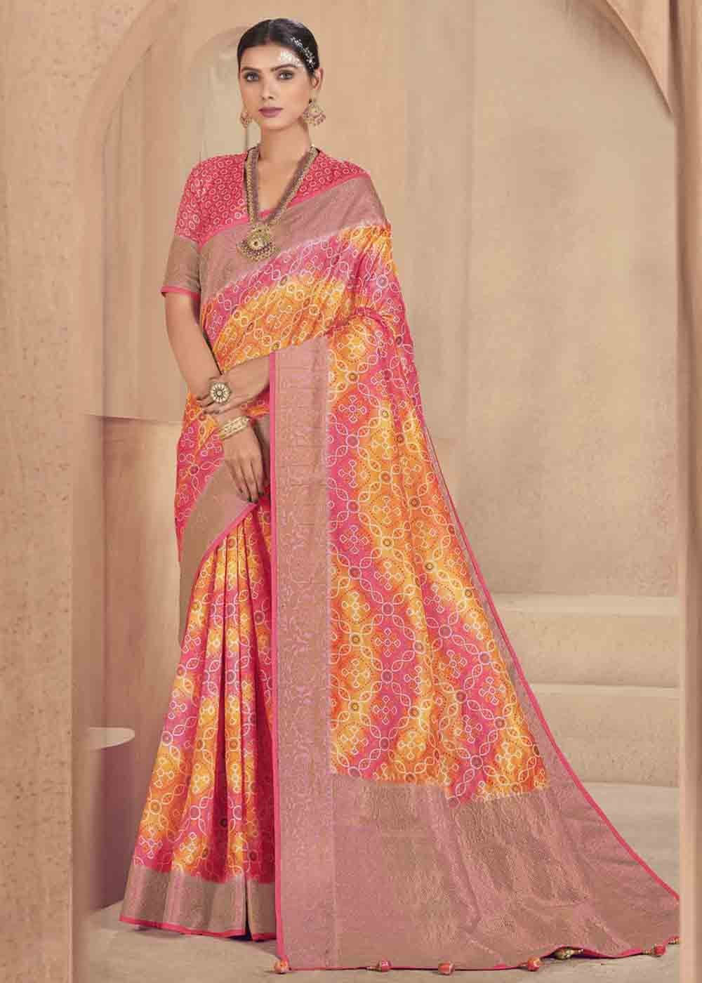 Pink & Yellow Zari Woven Raw Silk Saree