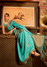 Load image into Gallery viewer, Teal Blue Copper Zari Woven Designer Silk Saree