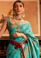 Load image into Gallery viewer, Teal Blue Copper Zari Woven Designer Silk Saree