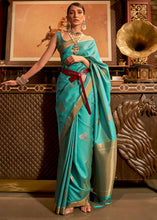 Load image into Gallery viewer, Teal Blue Copper Zari Woven Designer Silk Saree