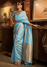 Load image into Gallery viewer, Cyan Blue Copper Zari Woven Designer Silk Saree