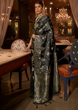 Load image into Gallery viewer, Midnight Black Handloom Woven Satin Silk Saree
