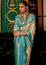 Load image into Gallery viewer, White &amp; Blue Zari Woven Silk Saree with Tassels on Pallu