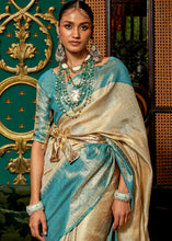 Load image into Gallery viewer, White &amp; Blue Zari Woven Silk Saree with Tassels on Pallu