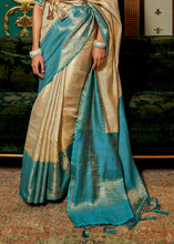 Load image into Gallery viewer, White &amp; Blue Zari Woven Silk Saree with Tassels on Pallu