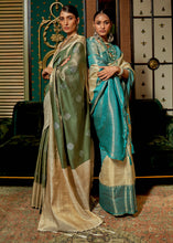 Load image into Gallery viewer, White &amp; Blue Zari Woven Silk Saree with Tassels on Pallu