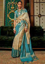 Load image into Gallery viewer, White &amp; Blue Zari Woven Silk Saree with Tassels on Pallu