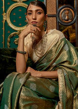 Load image into Gallery viewer, Green &amp; Golden Zari Woven Silk Saree with Tassels on Pallu