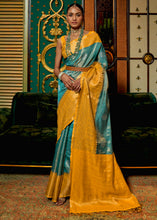 Load image into Gallery viewer, Yellow &amp; Blue Zari Woven Silk Saree with Tassels on Pallu
