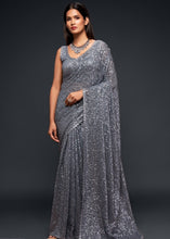 Cargar imagen en el visor de la galería, Silver Grey Sequins &amp; Thread Embroidered Designer Georgette Saree