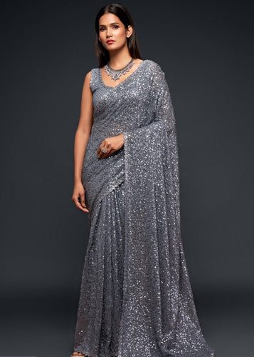 Silver Grey Sequins & Thread Embroidered Designer Georgette Saree