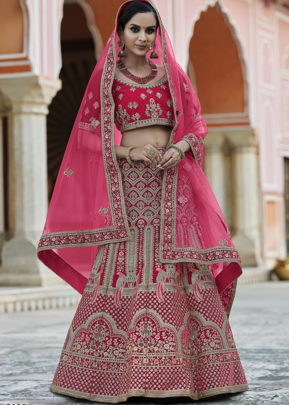 Cerise Pink Velvet Lehenga Choli Having Heavy Embroidery & Hand work: Bridal Edition