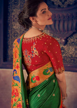 Load image into Gallery viewer, Dark Green Woven Paithani Silk Saree with Floral Motif Zari Border