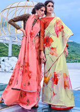 Load image into Gallery viewer, Punch Pink Floral Handprinted Organza Silk Saree