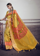 Load image into Gallery viewer, Munsell Yellow Printed Designer Silk Saree with Weaving Border