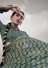 Load image into Gallery viewer, Cadet Blue Printed Designer Silk Saree with Weaving Border
